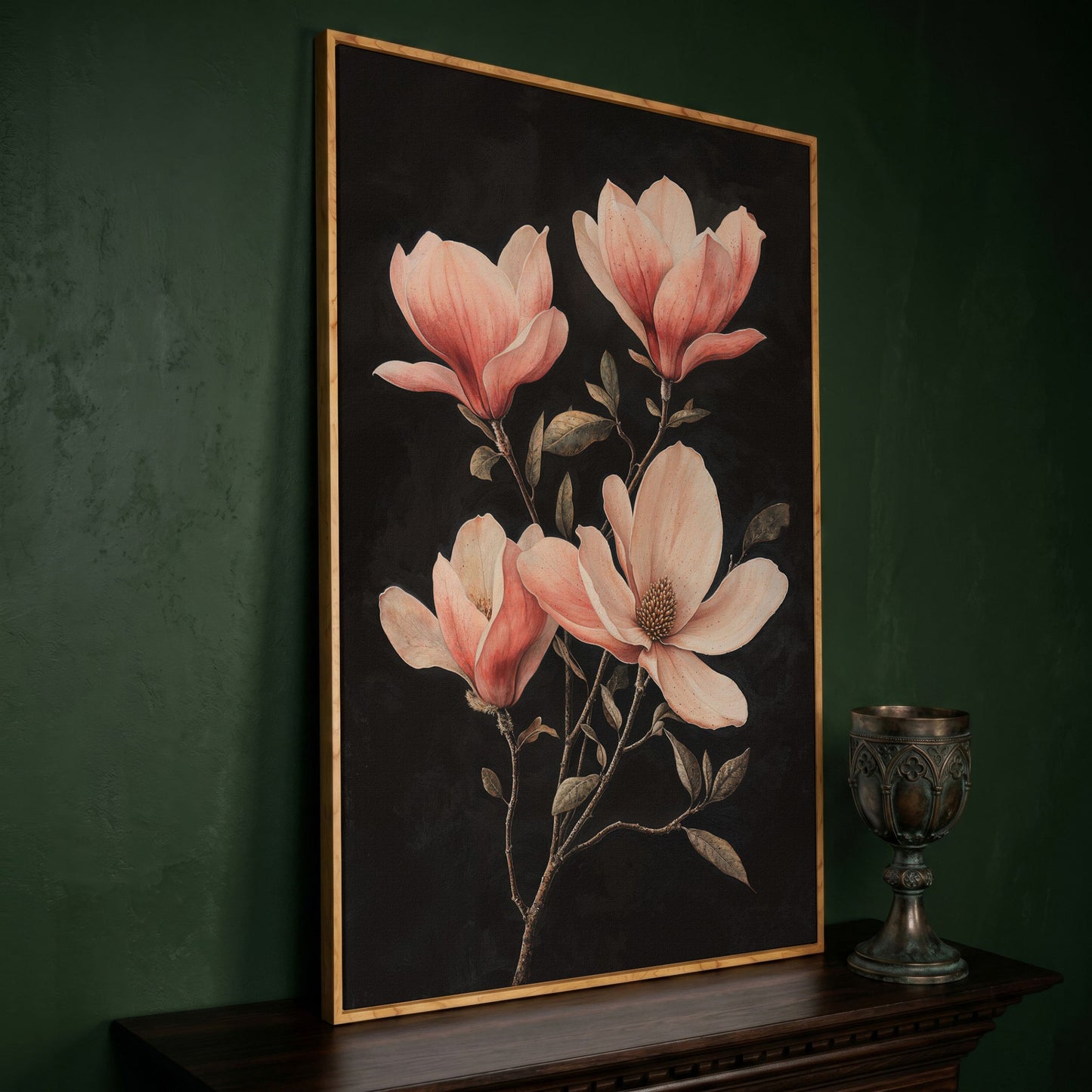 Magnolia Blossoms in Dusty Rose, Four-Stage Botanical Canvas in white oak floating frame