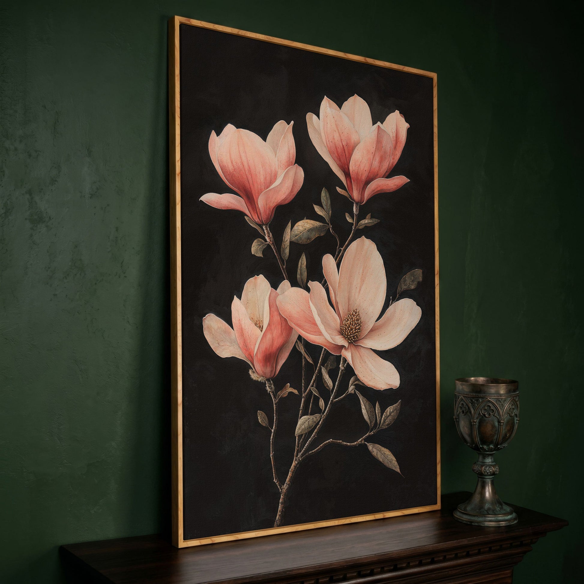 Magnolia Blossoms in Dusty Rose, Four-Stage Botanical Canvas in white oak floating frame