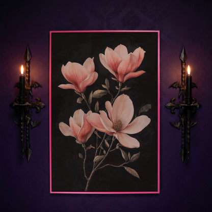 Magnolia Blossoms in Dusty Rose, Four-Stage Botanical Canvas in pink floating frame