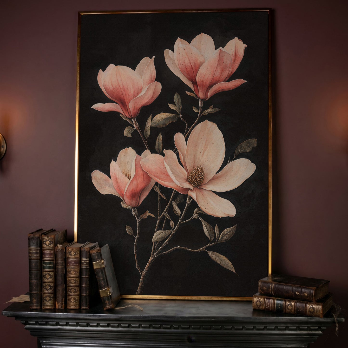 Magnolia Blossoms in Dusty Rose, Four-Stage Botanical Canvas in rose gold floating frame