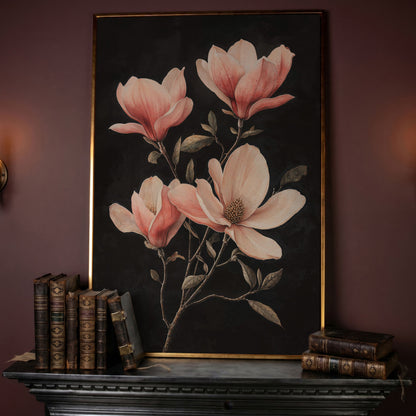 Magnolia Blossoms in Dusty Rose, Four-Stage Botanical Canvas in rose gold floating frame