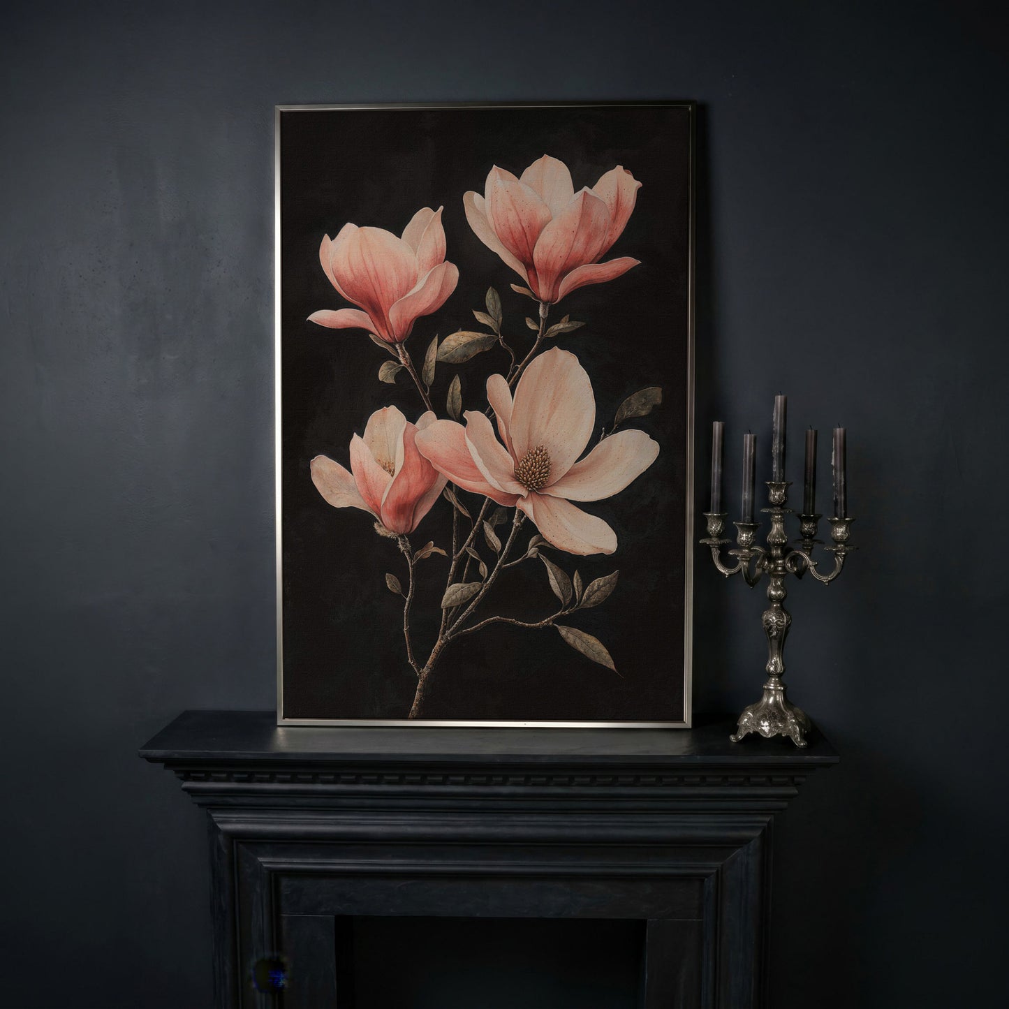 Magnolia Blossoms in Dusty Rose, Four-Stage Botanical Canvas in silver floating frame