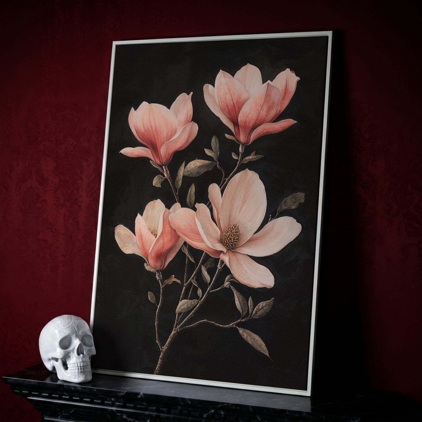 Magnolia Blossoms in Dusty Rose, Four-Stage Botanical Canvas in white floating frame
