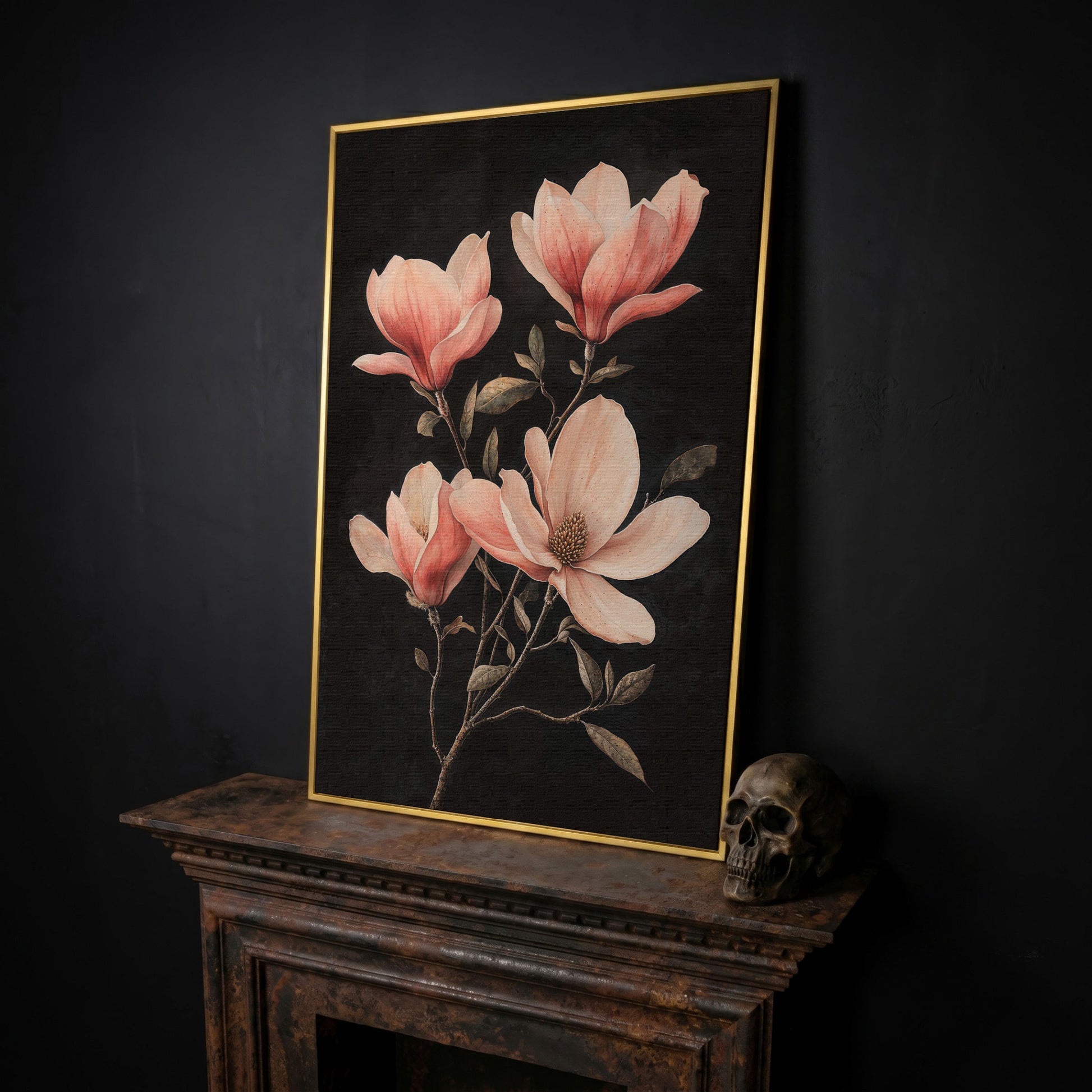 Magnolia Blossoms in Dusty Rose, Four-Stage Botanical Canvas in yellow gold floating frame