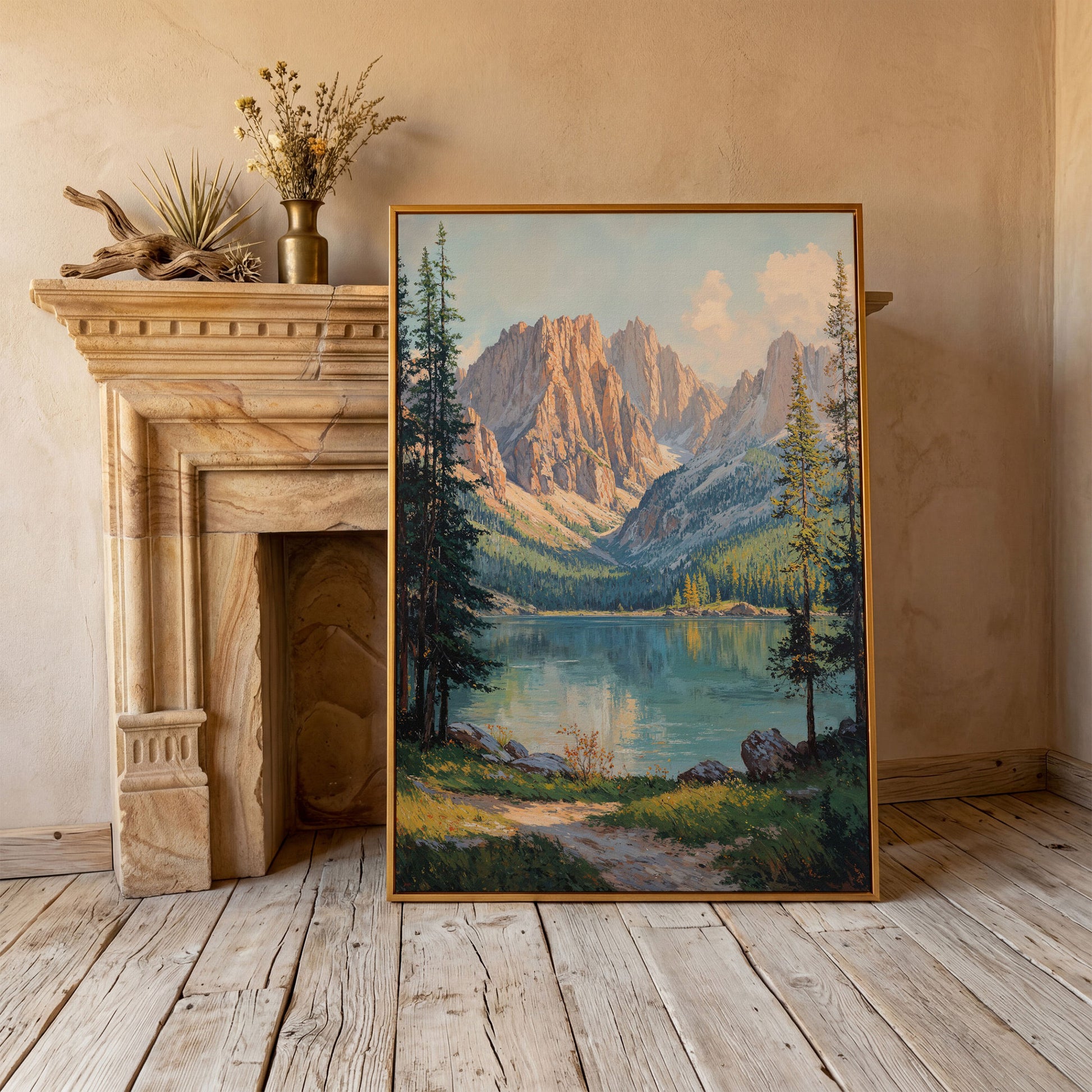 Serene Mountain Lake Canvas Print in antique gold floating frame