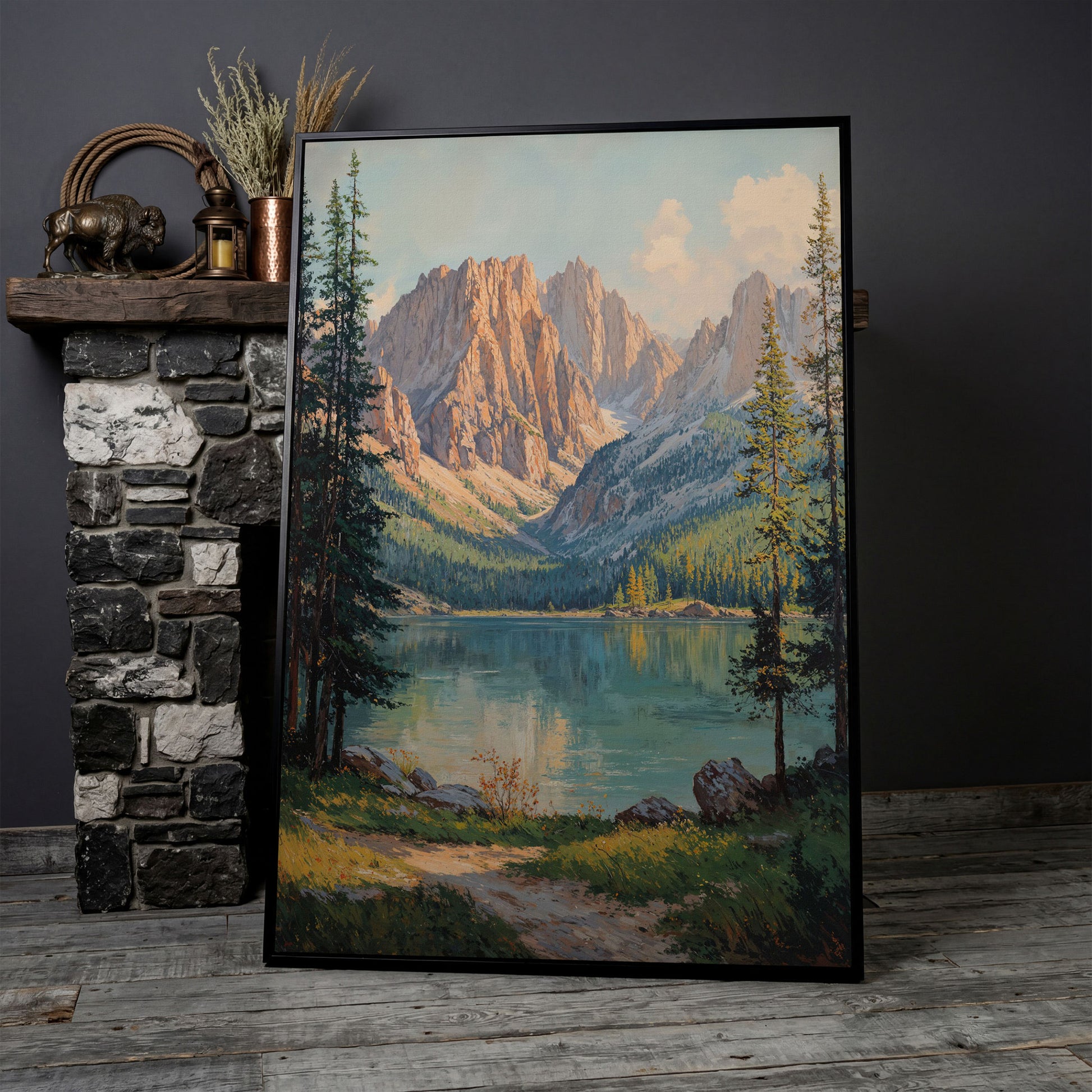 Serene Mountain Lake Canvas Print in black floating frame