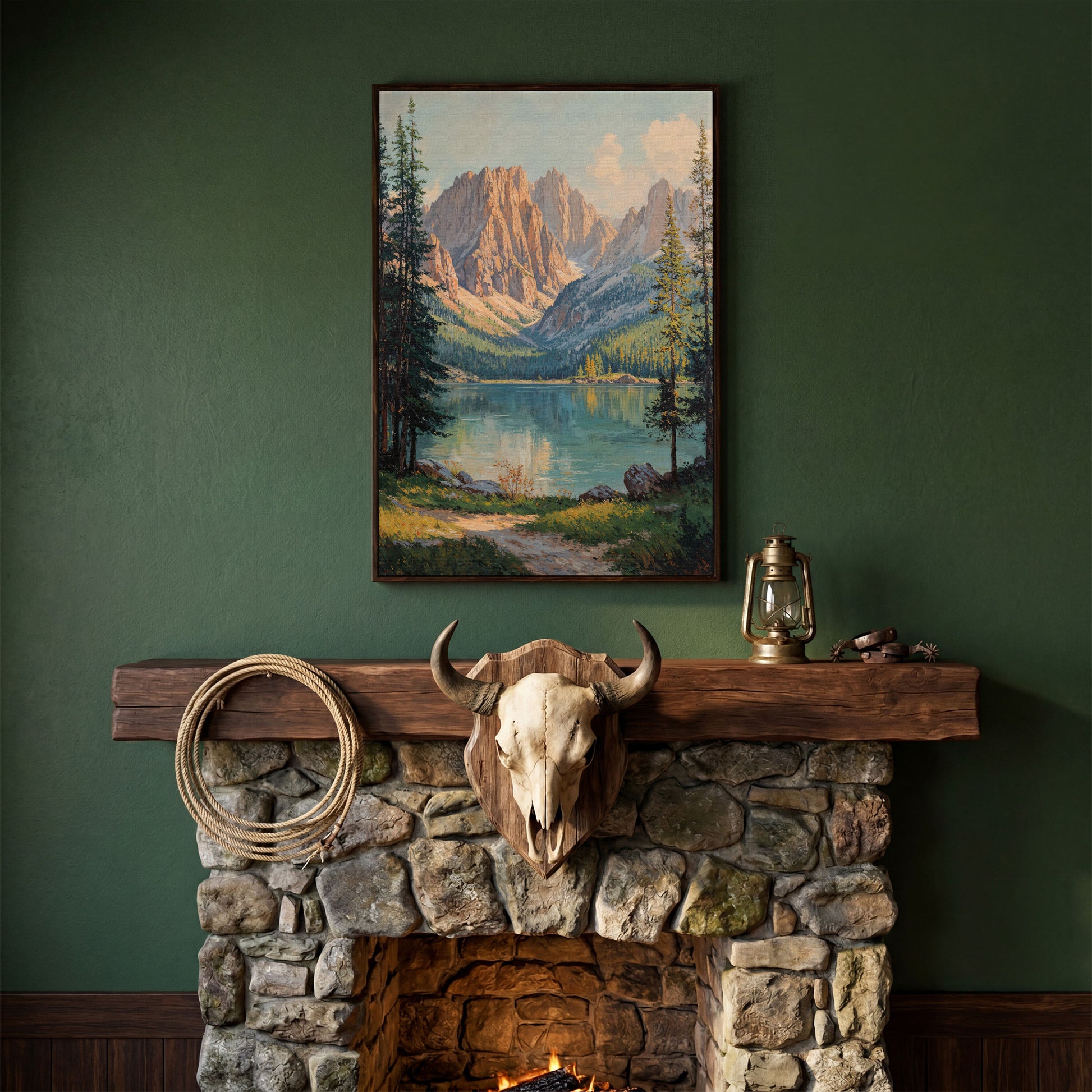 Serene Mountain Lake Canvas Print in dark walnut floating frame