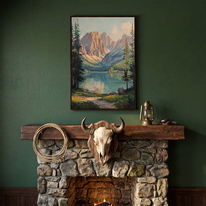 Serene Mountain Lake Canvas Print in dark walnut floating frame