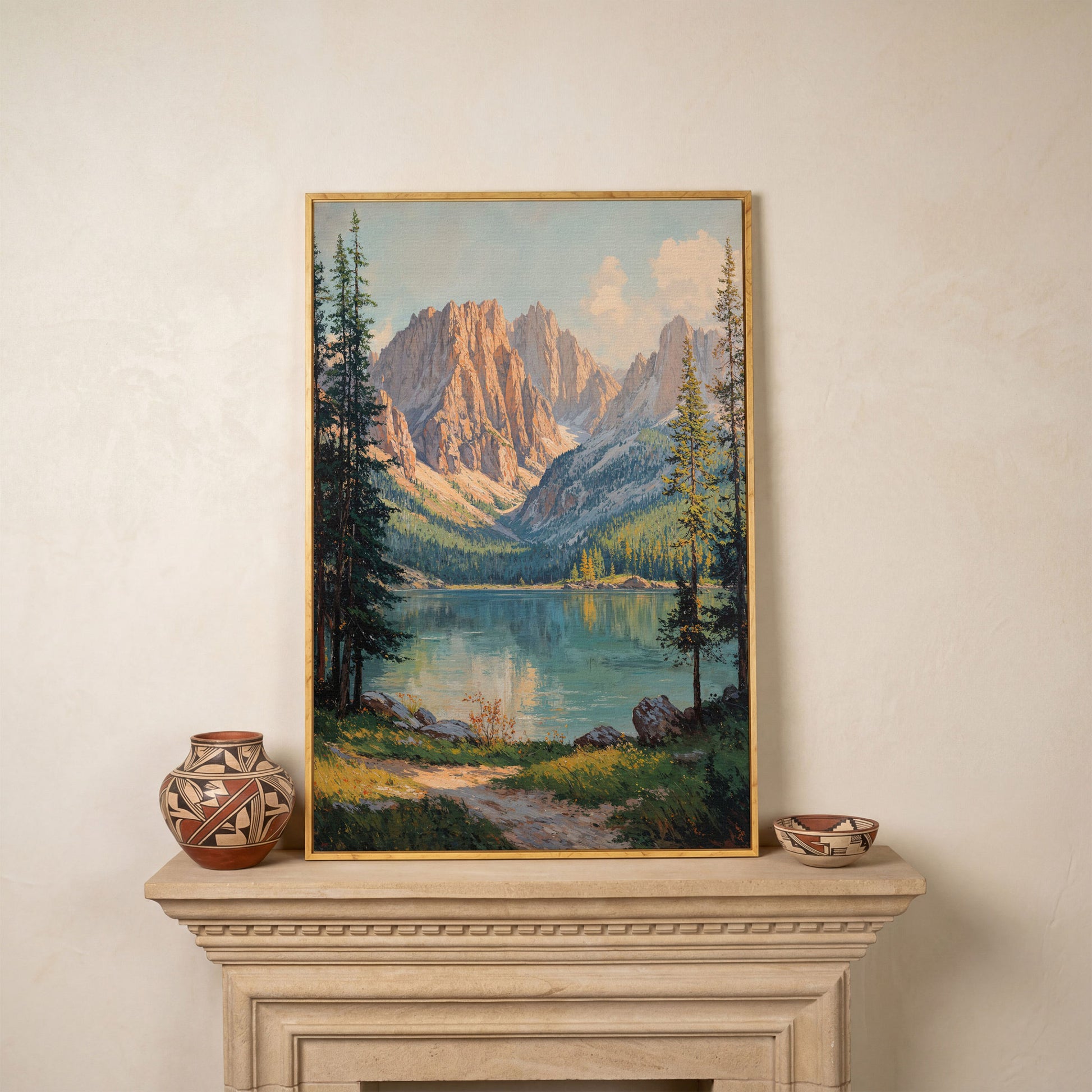 Serene Mountain Lake Canvas Print in white oak floating frame