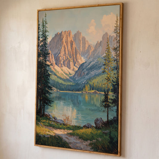 Serene Mountain Lake Canvas Print shown in white oak floating frame