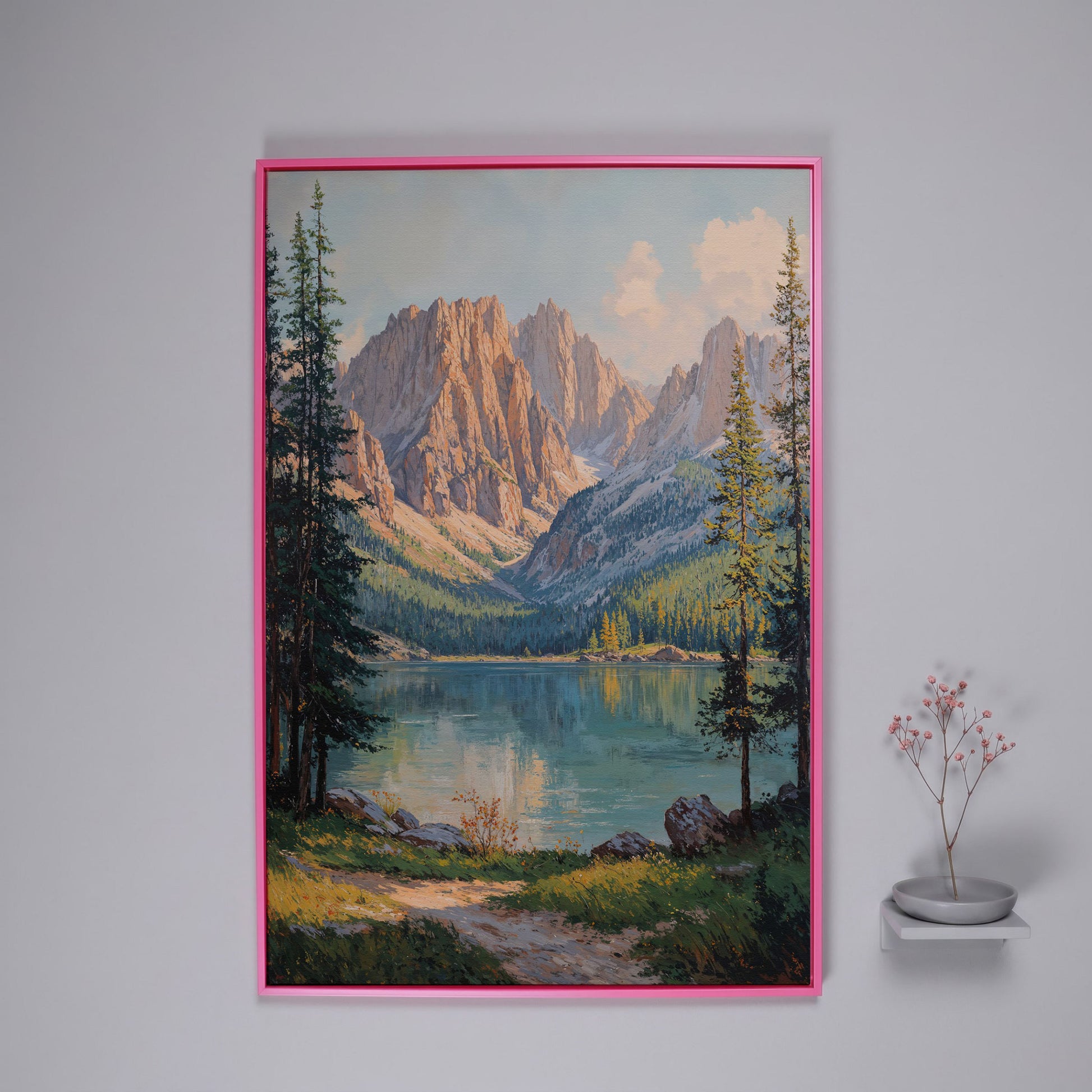 Serene Mountain Lake Canvas Print in pink floating frame
