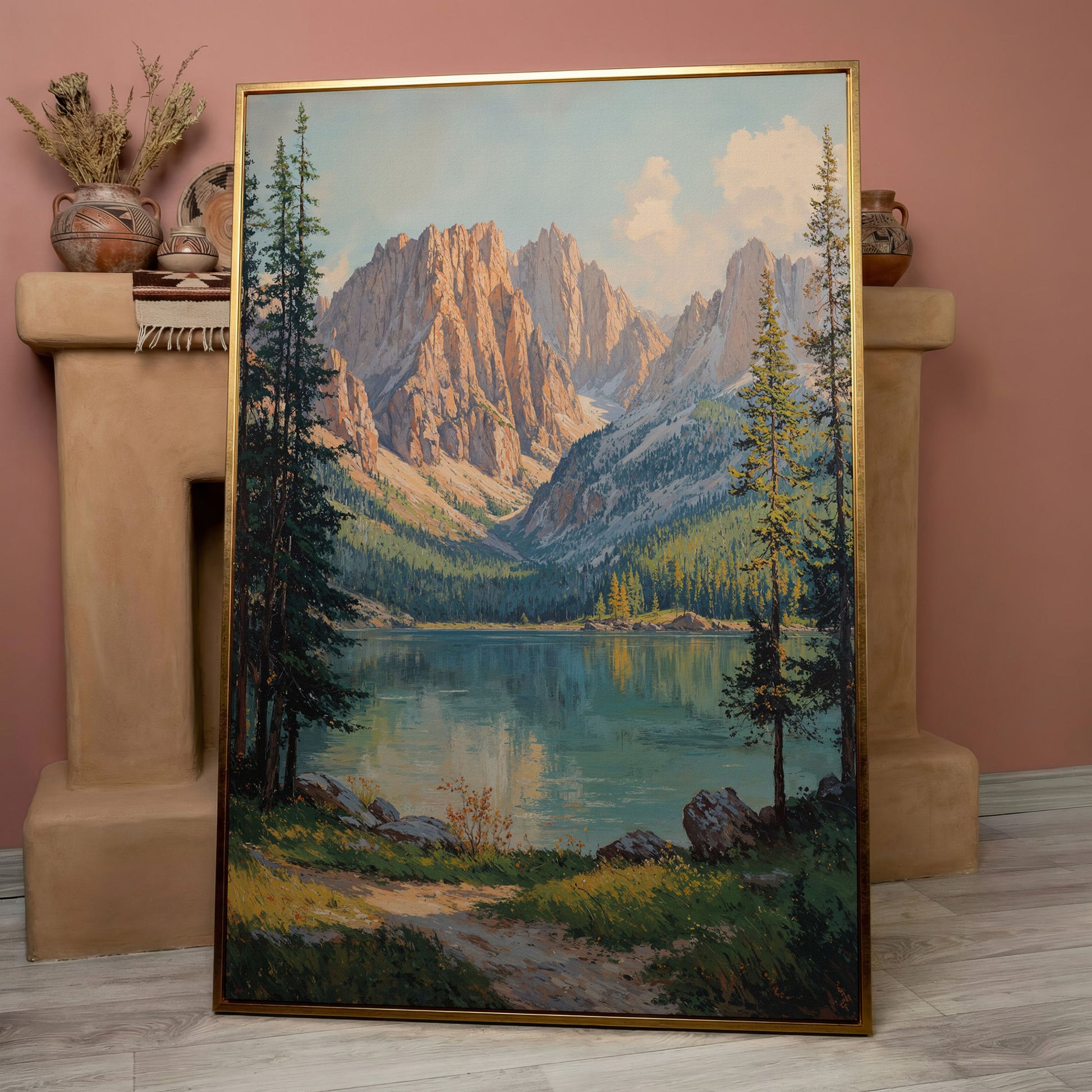 Serene Mountain Lake Canvas Print in rose gold floating frame