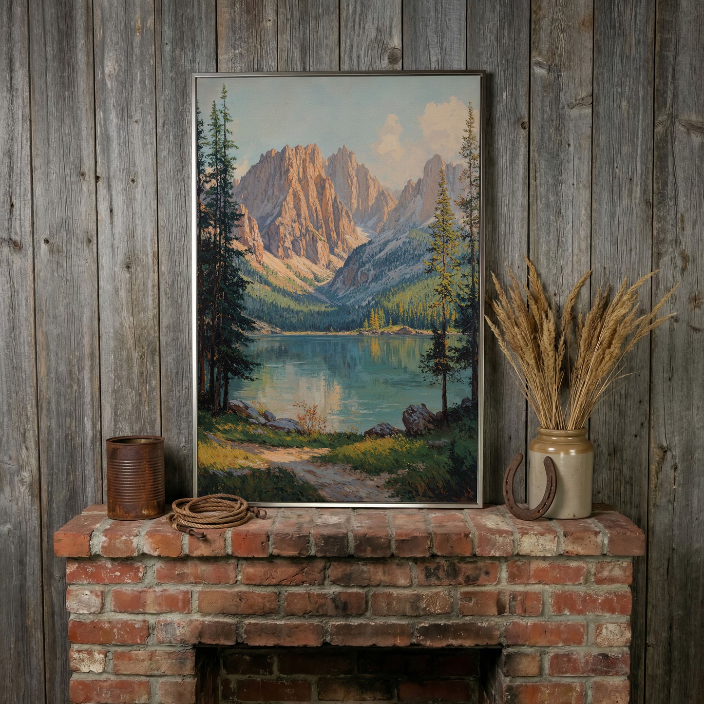 Serene Mountain Lake Canvas Print in silver floating frame