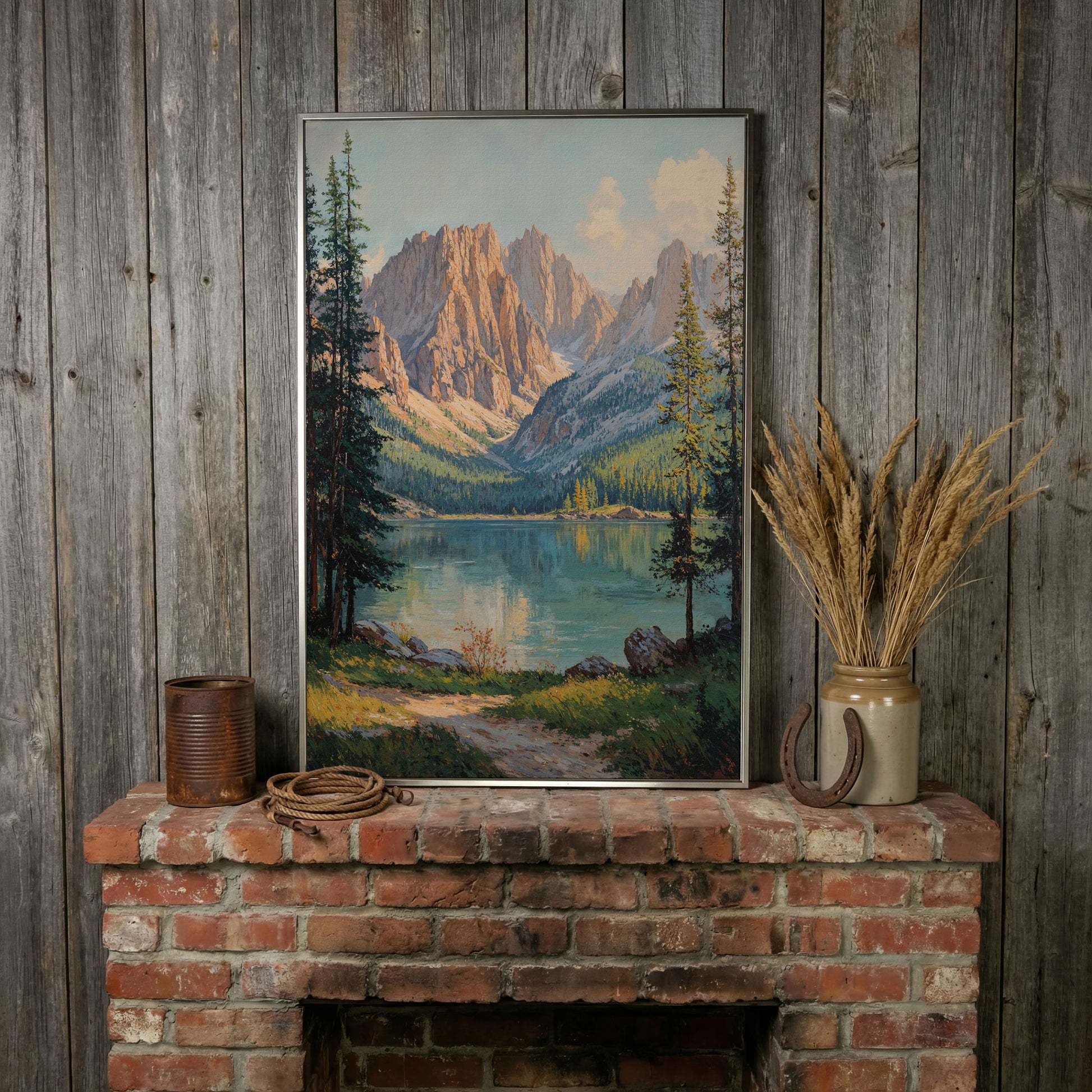 Serene Mountain Lake Canvas Print in silver floating frame