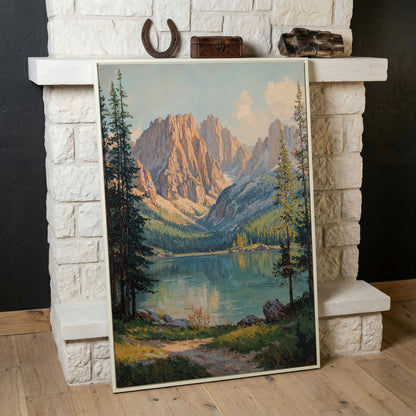 Serene Mountain Lake Canvas Print in white floating frame