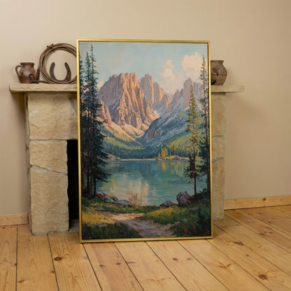 Serene Mountain Lake Canvas Print in yellow gold floating frame