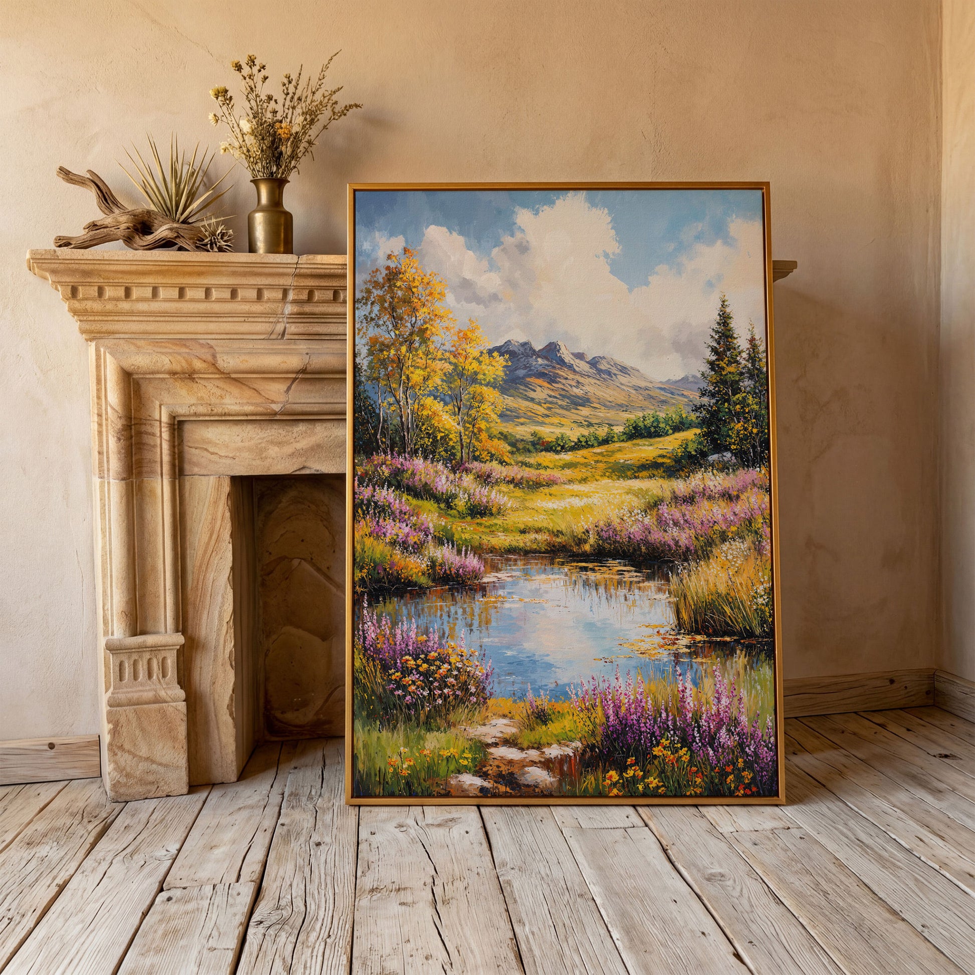 Mountain Landscape with Wildflower Meadow and Pond canvas in antique gold floating frame