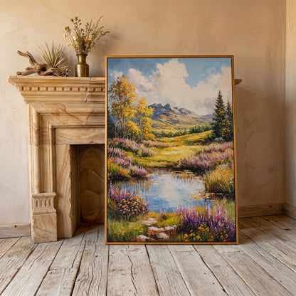 Mountain Landscape with Wildflower Meadow and Pond canvas in antique gold floating frame
