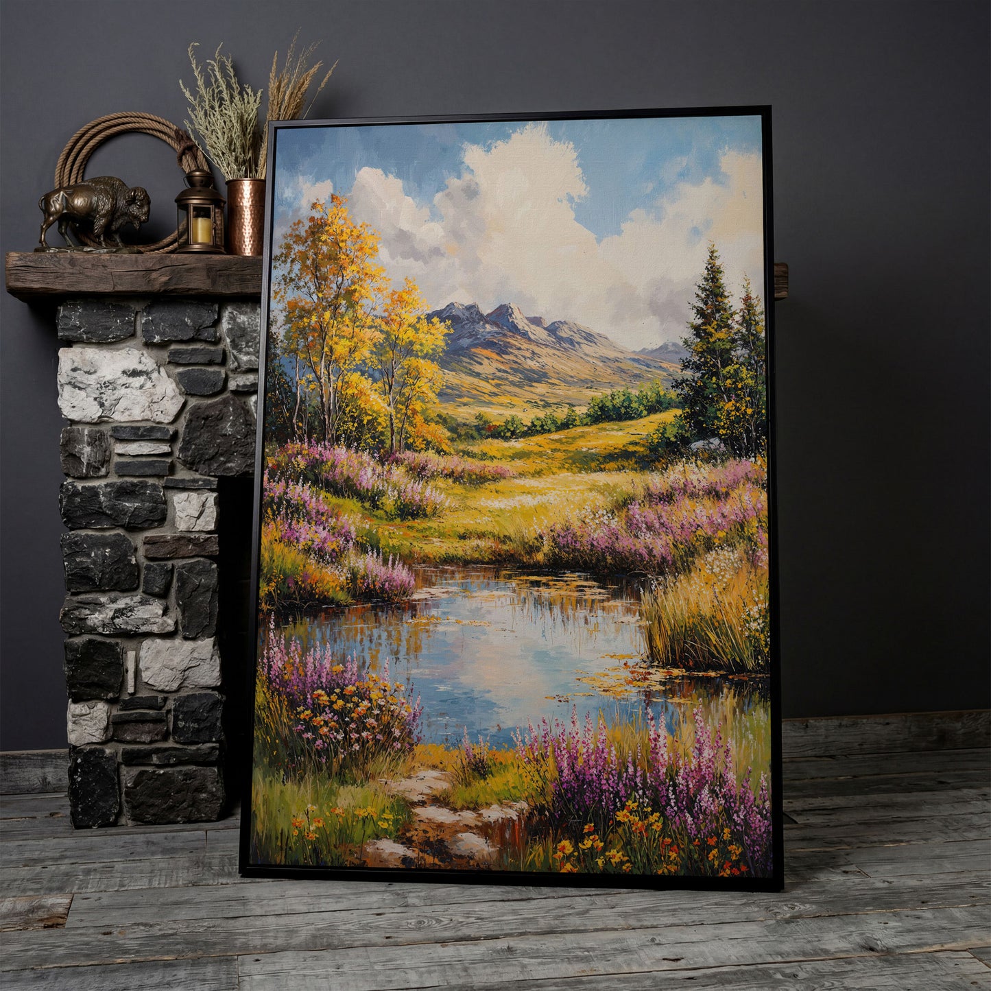 Mountain Landscape with Wildflower Meadow and Pond canvas in black floating frame