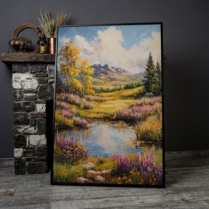 Mountain Landscape with Wildflower Meadow and Pond canvas in black floating frame