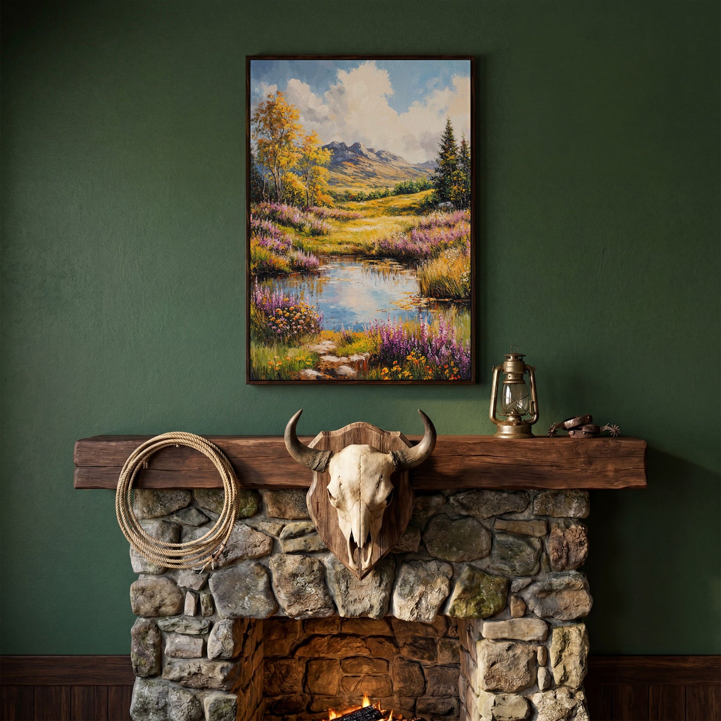 Mountain Landscape with Wildflower Meadow and Pond canvas in dark walnut floating frame