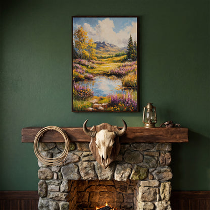 Mountain Landscape with Wildflower Meadow and Pond canvas in dark walnut floating frame