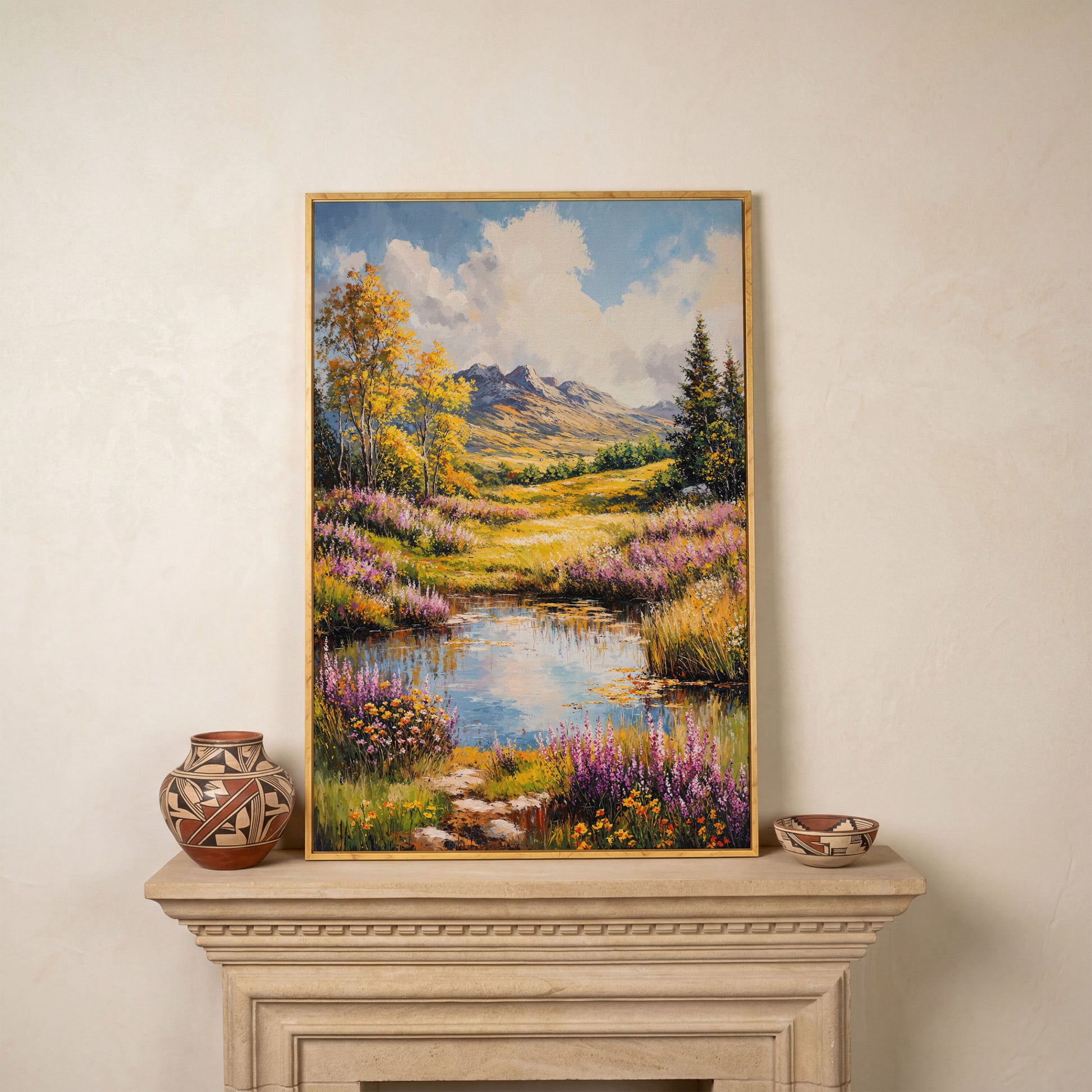 Mountain Landscape with Wildflower Meadow and Pond canvas in white oak floating frame