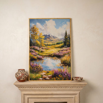 Mountain Landscape with Wildflower Meadow and Pond canvas in white oak floating frame