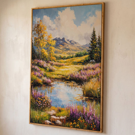Mountain Landscape with Wildflower Meadow and Pond canvas shown in white oak floating frame