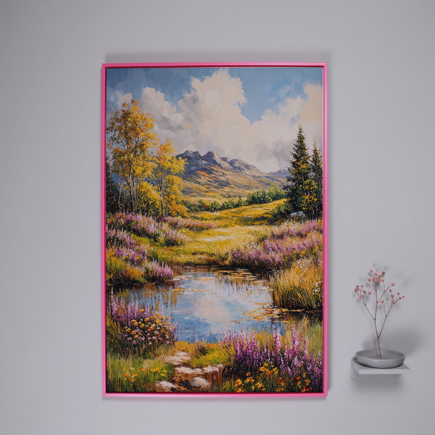 Mountain Landscape with Wildflower Meadow and Pond canvas in pink floating frame