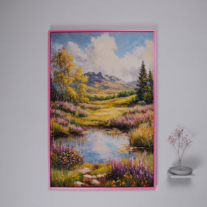 Mountain Landscape with Wildflower Meadow and Pond canvas in pink floating frame