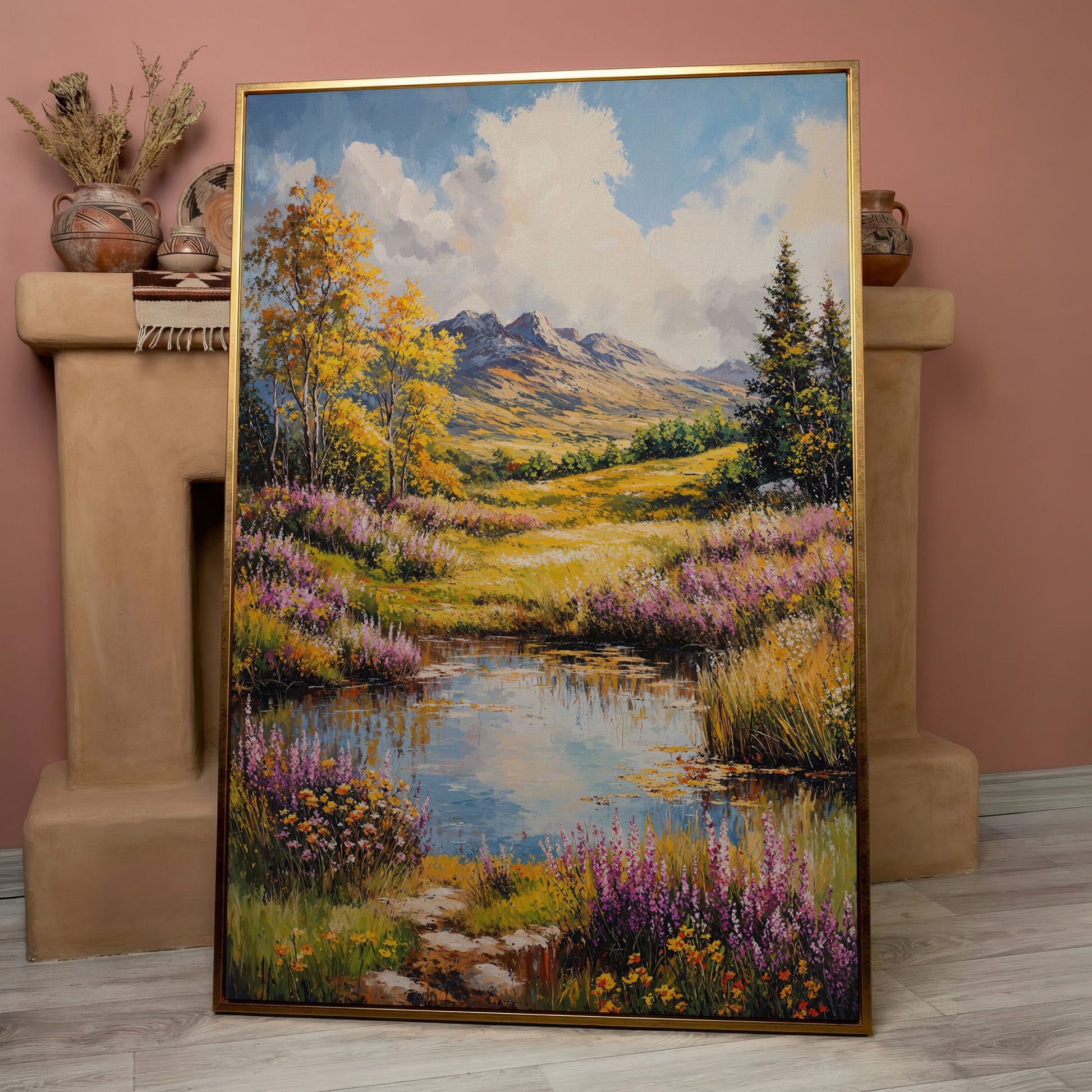Mountain Landscape with Wildflower Meadow and Pond canvas in rose gold floating frame