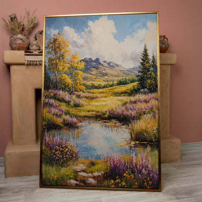 Mountain Landscape with Wildflower Meadow and Pond canvas in rose gold floating frame