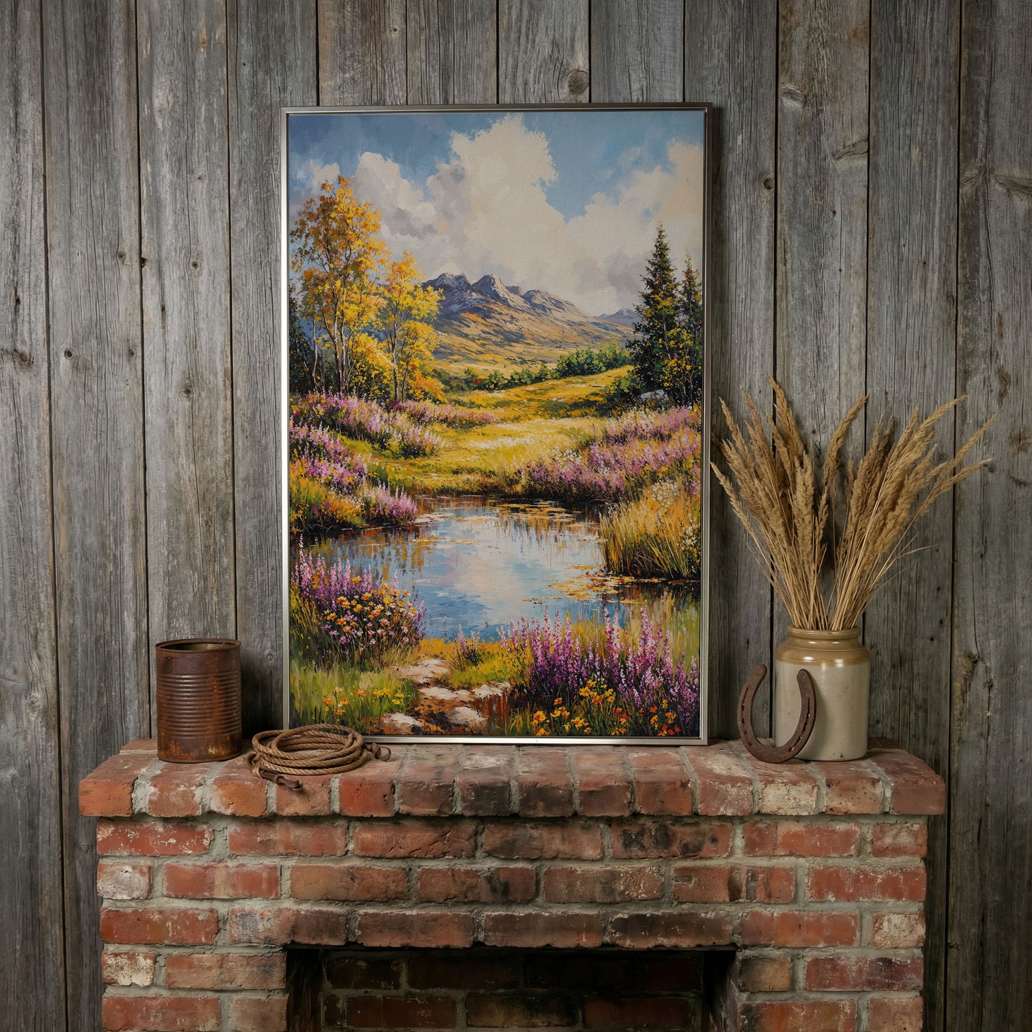 Mountain Landscape with Wildflower Meadow and Pond canvas in silver floating frame