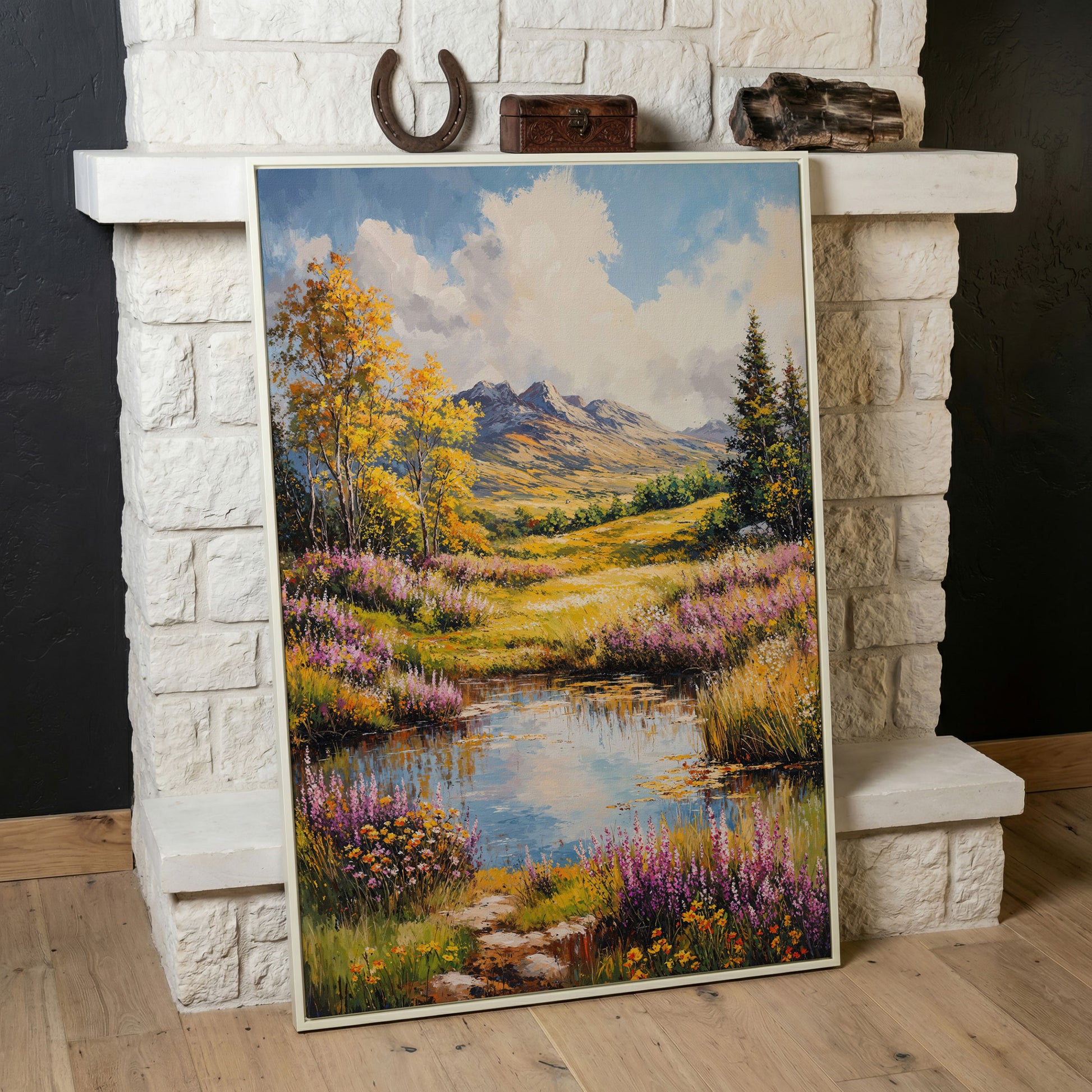 Mountain Landscape with Wildflower Meadow and Pond canvas in white floating frame