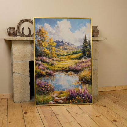 Mountain Landscape with Wildflower Meadow and Pond canvas in yellow gold floating frame