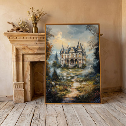 Enchanted Castle in the Mist. Fantasy Landscape Canvas Art in antique gold floating frame