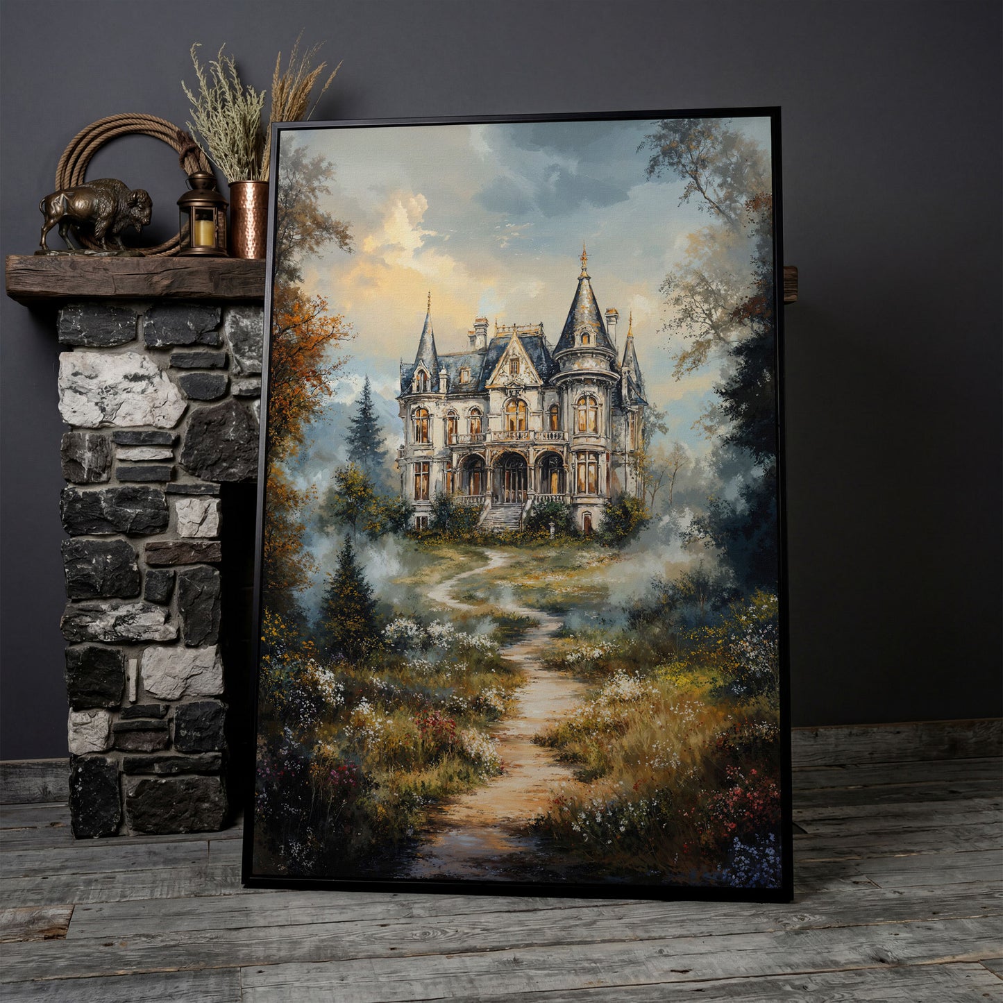 Enchanted Castle in the Mist. Fantasy Landscape Canvas Art in black floating frame
