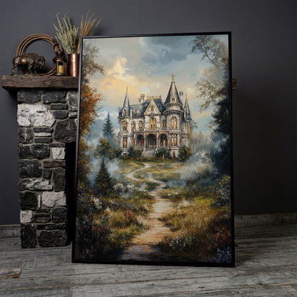 Enchanted Castle in the Mist. Fantasy Landscape Canvas Art in black floating frame