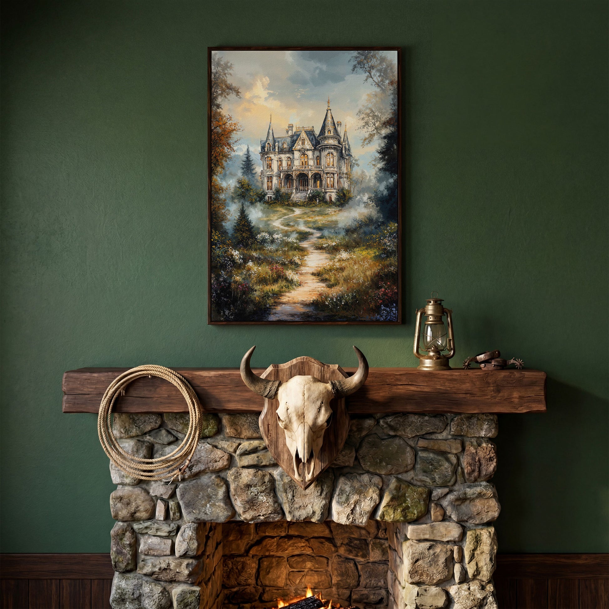 Enchanted Castle in the Mist. Fantasy Landscape Canvas Art in dark walnut floating frame