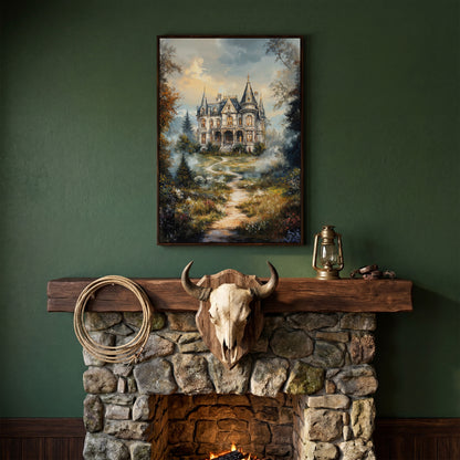 Enchanted Castle in the Mist. Fantasy Landscape Canvas Art in dark walnut floating frame