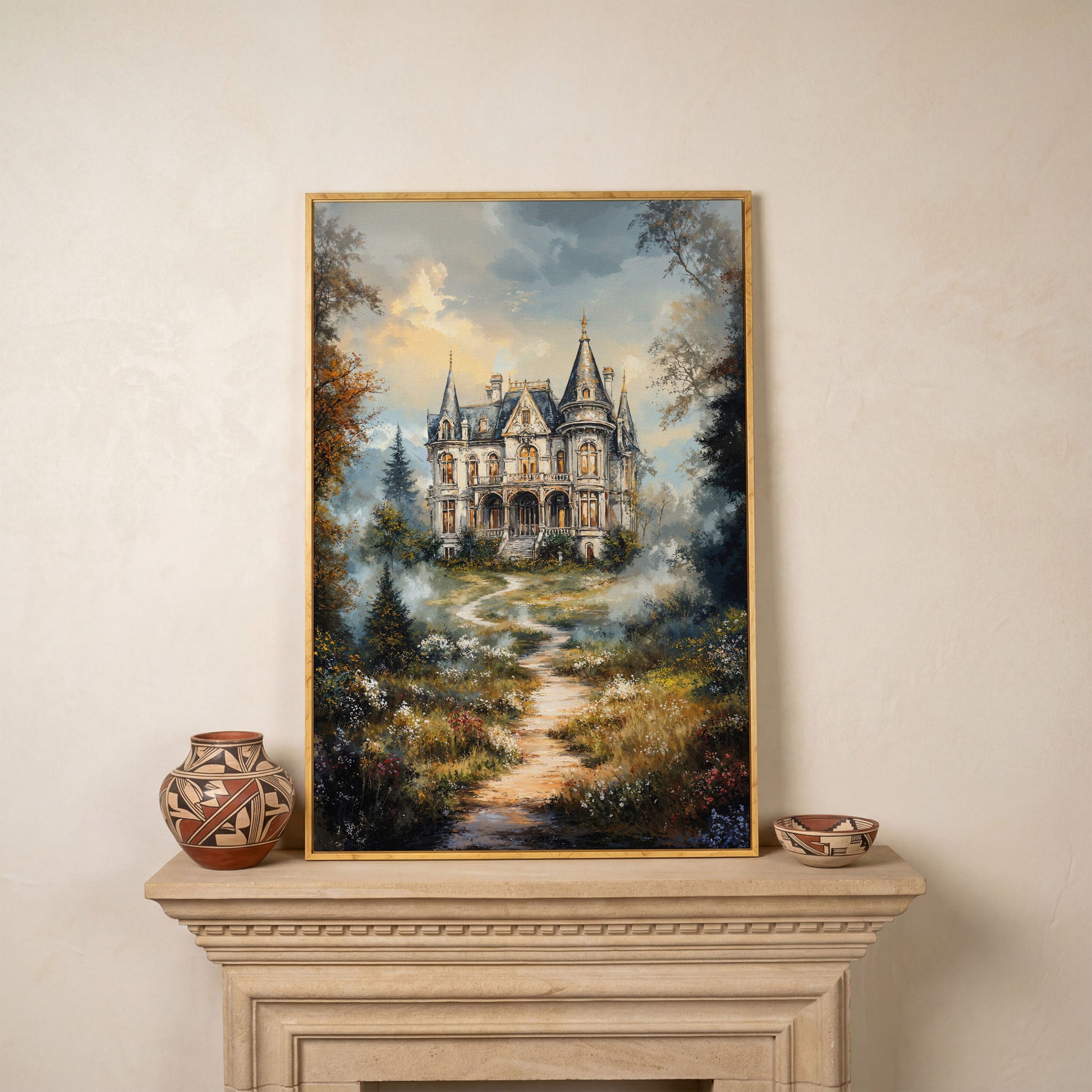 Enchanted Castle in the Mist. Fantasy Landscape Canvas Art in white oak floating frame