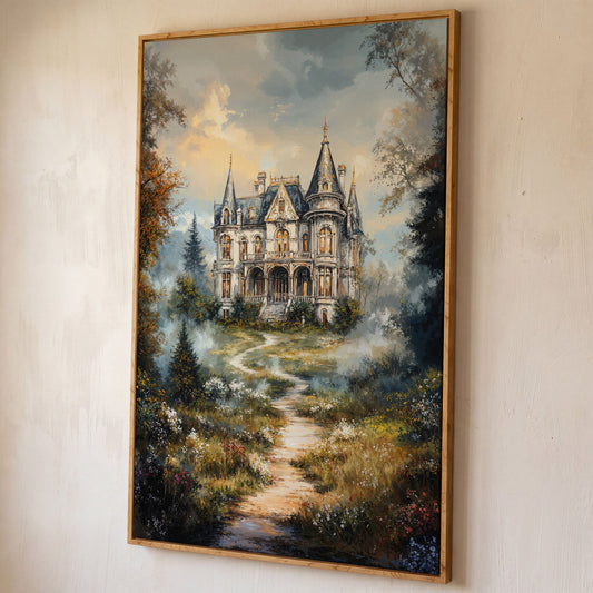 Enchanted Castle in the Mist. Fantasy Landscape Canvas Art shown in white oak floating frame