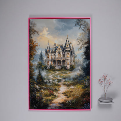 Enchanted Castle in the Mist. Fantasy Landscape Canvas Art in pink floating frame