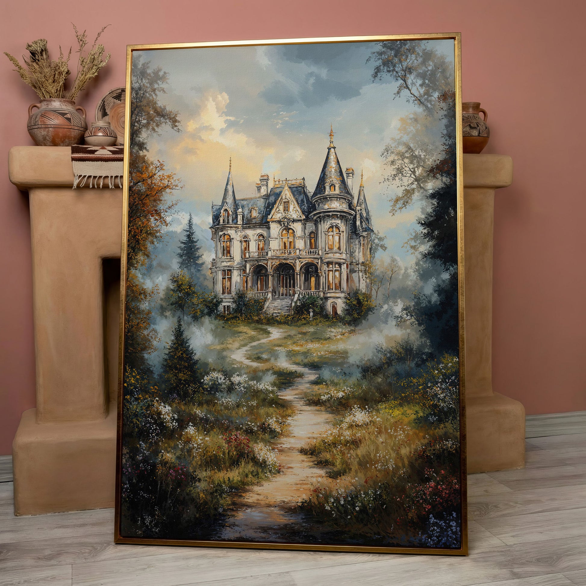 Enchanted Castle in the Mist. Fantasy Landscape Canvas Art in rose gold floating frame