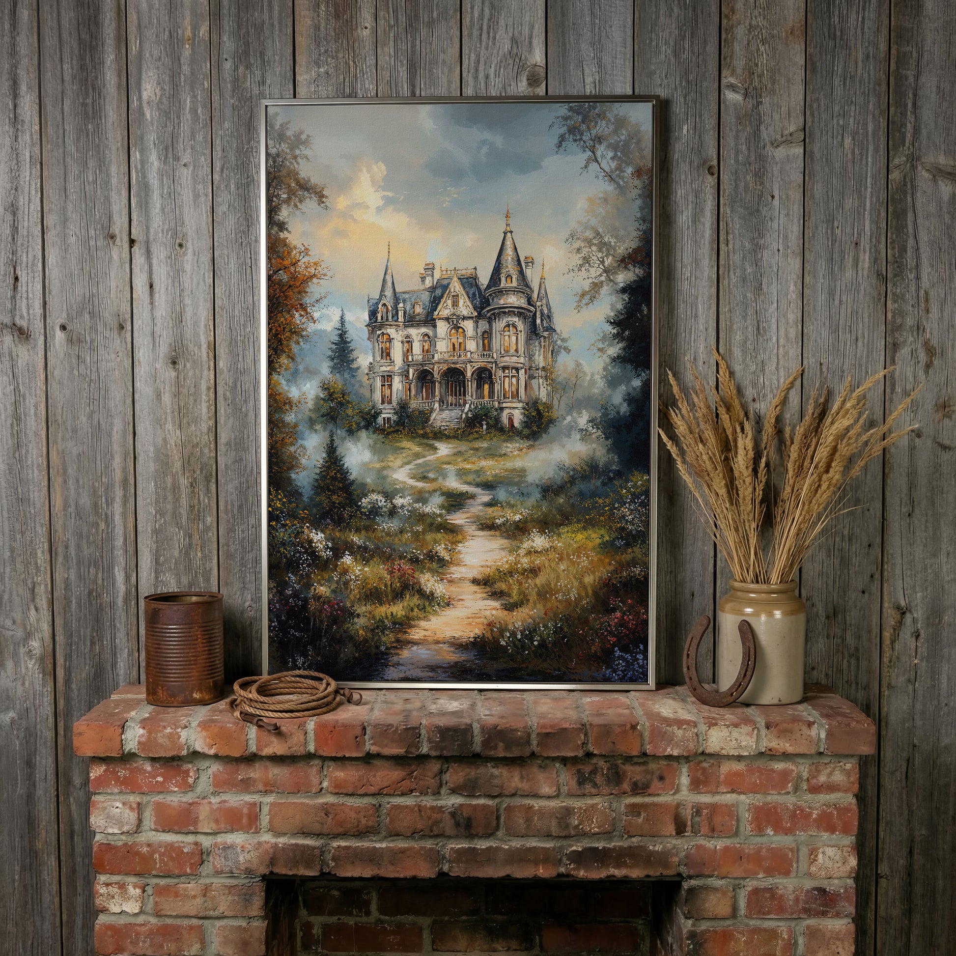 Enchanted Castle in the Mist. Fantasy Landscape Canvas Art in silver floating frame