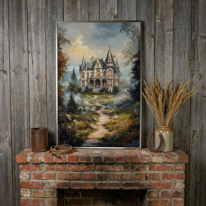 Enchanted Castle in the Mist. Fantasy Landscape Canvas Art in silver floating frame