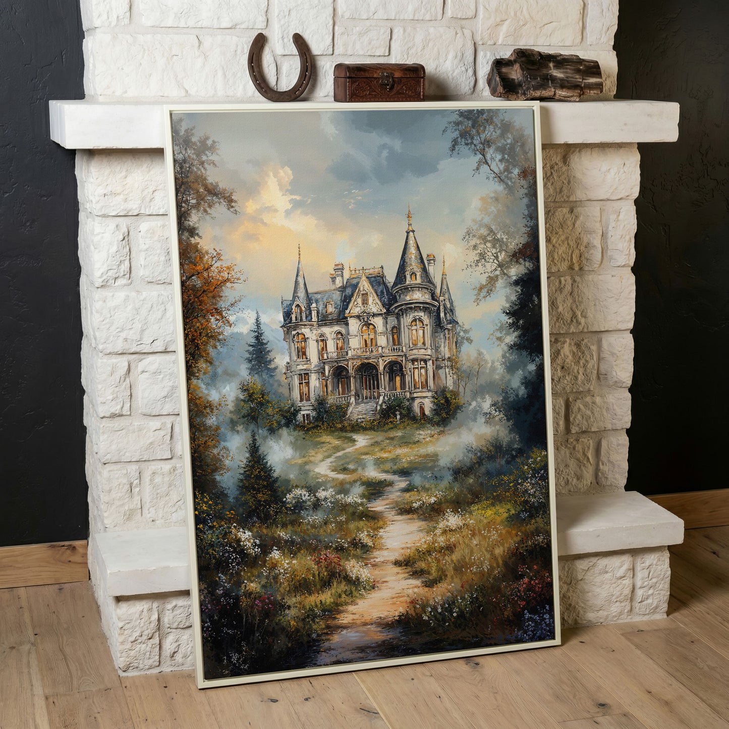Enchanted Castle in the Mist. Fantasy Landscape Canvas Art in white floating frame