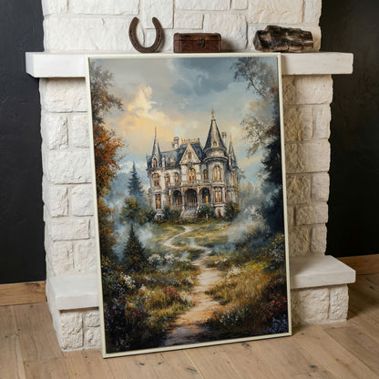 Enchanted Castle in the Mist. Fantasy Landscape Canvas Art in white floating frame