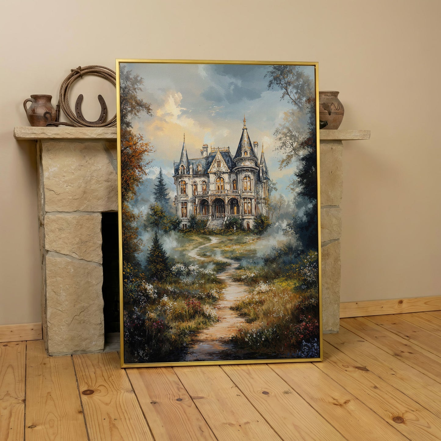 Enchanted Castle in the Mist. Fantasy Landscape Canvas Art in yellow gold floating frame
